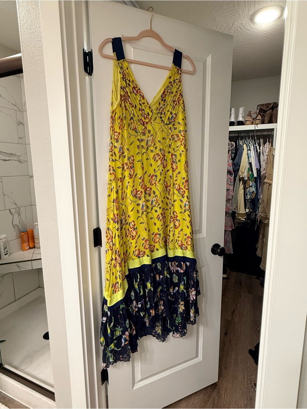 Floral Yellow V-Neck Maxi Dress with Navy Hem